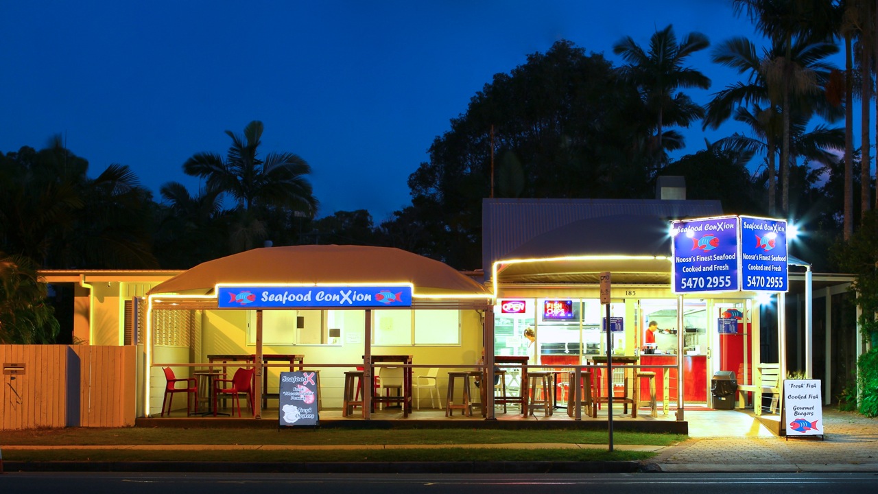 Seafood ConXion shopfront on sunset